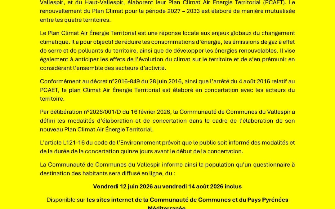 AVIS DE CONCERTATION PRÉALABLE DU PUBLIC Renouvellement du Plan Climat Air Energie Territorial (PCAET)